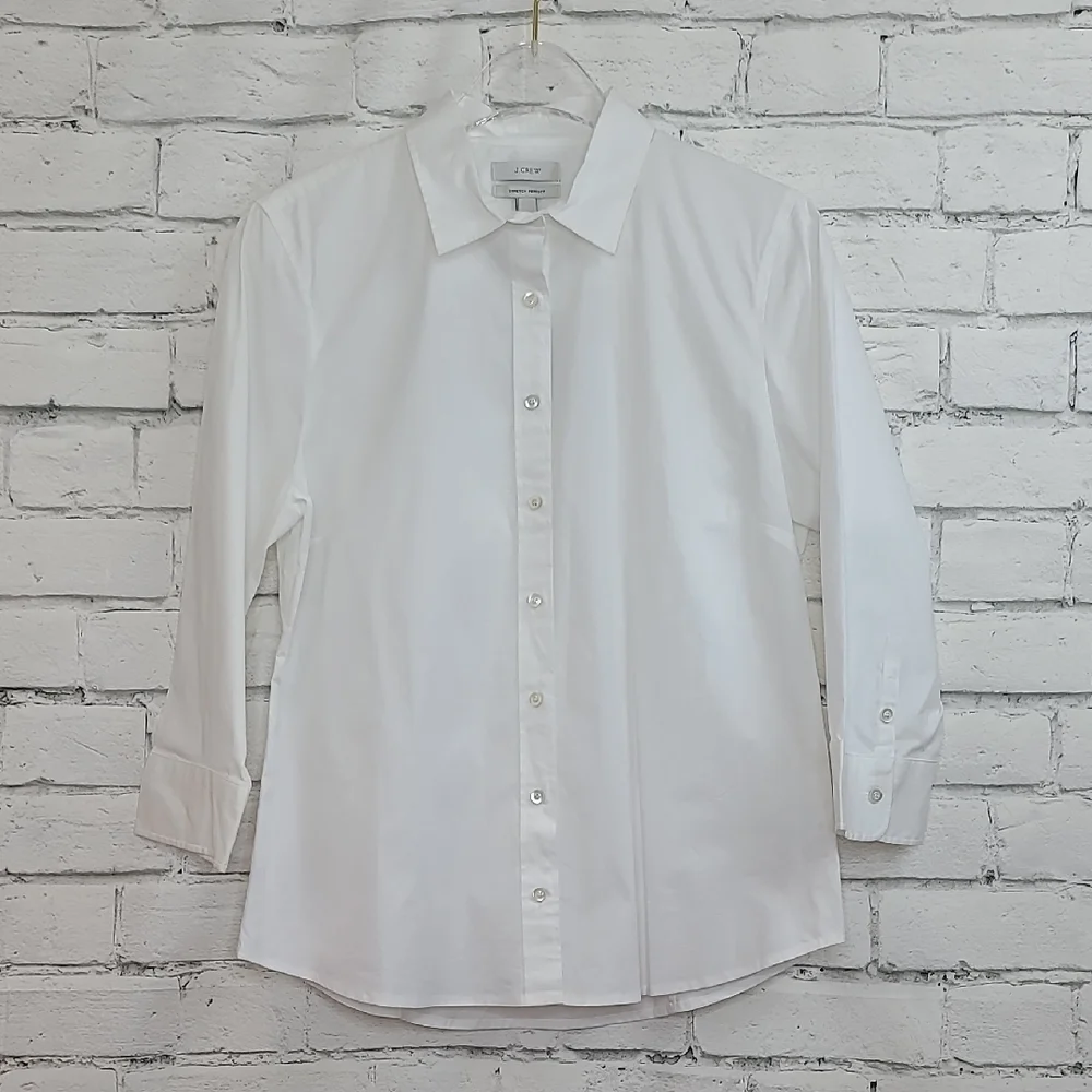 J Crew Stretch Cotton Perfect Fitted Button Front 3/4 Sleeve Blouse/Shirt White